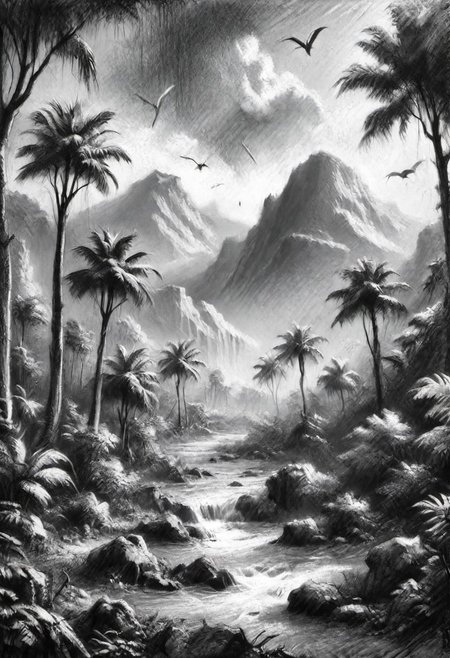 (masterpiece), 
A jurassic park landscape, 
Black and white tones,
HDR, highly detailed, 32k, 
looking at viewer,