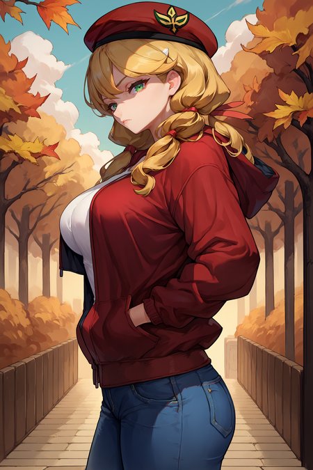 score_9, score_8_up, score_7_up, score_6_up, source_anime, 1girl, solo,  <lora:oldrinzevon-pdxl-nvwls-v1-000005:1> oldrin, blonde hair, low twintails, green eyes, red ribbon, red beret, red hoodie, jeans, hands in pockets, autumn, looking at viewer, big breasts, from side, tired, grey sky,