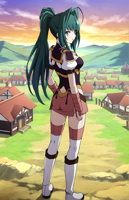 AkariAcura, 1girl, solo, long hair, green hair, ponytail, blue eyes, cleavage, purple top, skirt, thighhighs, knee boots, white boots village, side view, squatting, evening, cat, stroking cat, smile, looking at cat, hand on cat

