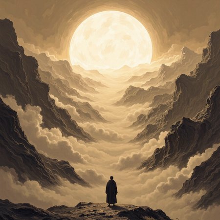 This image presents a breathtaking and solemn landscape dominated by a massive glowing sun over a mist-shrouded valley of jagged mountains. A lone robed figure stands silently in the foreground, dwarfed by the immense scale of nature around them. Rendered in sepia tones, the image evokes themes of solitude, spiritual journey, and awe before the sublime. The composition’s vertical alignment and ethereal lighting create a sense of ancient mysticism, inviting contemplation and reverence. 