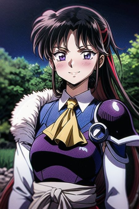 best quality 1girl Setsun4 solo long hair,  (night time) forest background black hair very long hair purple eyes multicolored hair armor, small, (fur trim) (medium body),<lora:EMS-179-EMS:0.800000>,<lora:EMS-293862-EMS:0.800000> bow, hair_bow, hair_tubes, red_bow, brown_hair, long_hair, bangs, ascot, frilled_bow, yellow_ascot, blush, smile, hair_between_eyes, athletic, armor, miko,  Smiling, happy,