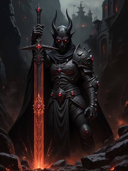 highly detailed classic painting, red sparks, fire and lava, dark, gothic, low angle view, looking up at a towering, fearsome faceless demon lord stands directly facing the viewer in front of a massive hellish gateway crafted in a demonic gothic architectural style, his wide, large horns curve upward, the demon holds a legendary, elegant, magic greatsword at an angle with one hand, the ornate, masterfully crafted greatsword is embedded with brilliant crimson glowing gemstones that seem to pulse with infernal energy, fiery sparks fly from where it touches the volcanic ground, the demon's piercing, crimson eyes are set onto the viewer with a burning intensity, his dark, twisted armor is forged from dark hellish metal, exuding black smoke, eldritch crimson engravings glow faintly across his armor, the look is completed by a dark windswept cape, in the background, the gothic hellgate looms, its dark, gothic arches and spires slightly blurred by black smoke, intricate carvings and faintly glowing runes dercorate the stone, gargoyles cling to its ledges, their eyes faintly glowing, while shadowy smoke and dim red lights seep through cracks in the stone, the scene is cast in dim, dramatic fiery lighting, red embers drift through the air, the image format is a low-angle, medium shot, that captures the immense size and imposing stature of the demon lord, with his greatsword held at an angle across his body, subtle shadows and smoky tendrils rise from the ground around his feet, as the faint light from lava flows on the ground casts faint reflections across the jagged rocks, and highlighting the intricate details of the demon's ornate armor, celestium style, vantablack, d4artstyle, d4concept,  <lora:vantablack-v2-flux-by_tijuanaslumlord:1.0> <lora:style-diablo_iv_concept_art-v1.5-flux-by_chronoknight:0.36> <lora:style-dark_landscapes-flux-by_andreac75:0.6> <lora:style-celestium-v0.1-flux-by_sterlingangel:0.84>