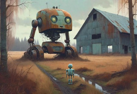 (((ultra high quality photo:1.8))) "vast overgrown field, extremely huge decrepit android, , aged and neglected appearance, advanced technology remnants, natural overgrowth, contrast between nature and forgotten futuristic elements"  a rusted car next to the robot, barn in the distance,   Simon Stlenhag Style, photo in phst artstyle, film photography style, light grain, medium grain, heavy grain
