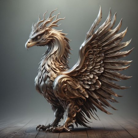 Steel/ral-polishedsteel  Phoenix, Diamond Line, (Golden Beak: 1.1), Sharp Focus, Atmospheric Lighting, Highly Detailed, Overall Detail, Ornate, Macro, Shallow DOF, Atmospheric Dust,