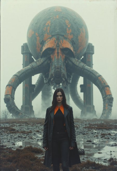  analogstyle, A grainy, black and white photograph, its edges blurred by the swirling mist and the passage of time, captures a young woman standing defiantly before a colossal mechanical monstrosity. Her dark hair, straight and sharp against her pale face, frames a gaze of steely determination. She is dwarfed by the towering form of the creature, its rusty orange and black metal body a grotesque parody of an octopus, its menacing tentacles reaching out like the arms of a malevolent god.  The woman's sleek, black tactical suit, a second skin against the harsh elements, offers a stark contrast to the creature's rough, industrial form.  A splash of color comes from the vibrant orange lining of her oversized jacket, a defiant flicker of life in a desolate world. The landscape around them is shrouded in mist, a barren expanse of mud and stagnant water reflecting the oppressive gray sky.  The mechanical creature casts a long, menacing shadow, symbolizing the threat that looms over this post-apocalyptic world. 