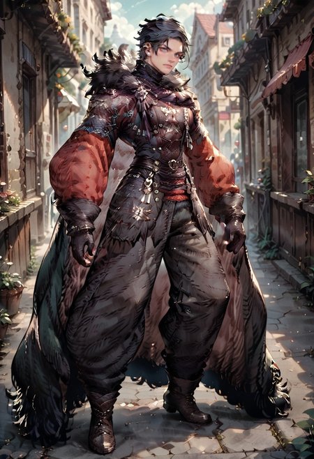 score_9, score_8_up, score_7_up, defsterne, 1boy, solo, boots ,wide_pants, fur_cape, belt, turtleneck_jacket, black_hair, short hair,
