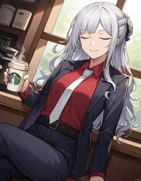 score_9, score_8_up, score_7_up, source_anime, <lora:girlsfrontline-ak-12-ponyxl-lora-nochekaiser:1>, ak-12, ak-12 (girl's frontline), closed eyes, grey hair, long hair, bangs, pale skin, straight hair, curly hair, braid, french braid, sidelocks,, belt, black jacket, black pants, business suit, formal, jacket, long sleeves, necktie, pants, red shirt, shirt, suit, white necktie,, cafe, coffee cup, barista, sitting down, talking, relaxing, sunlight through window, , smile, looking at viewer, solo,, dutch angle, cowboy shot