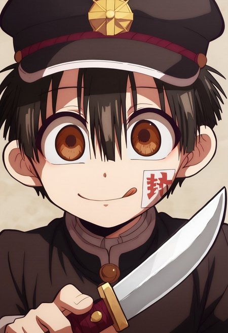 Masterpiece, 1boy, solo, cute boy, hanako-kun, black hair, brown eyes, short hair, hair between eyes, bangs, hat, ofuda, mischievous smile, holding a knife, tongue out,