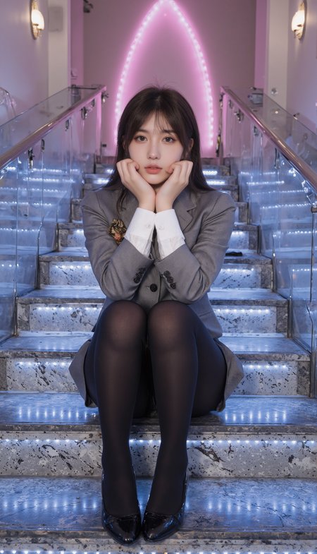 This is a high definition and detailed professional portrait photograph featuring a tan woman with light complexion in a pose. She squats with her elbows resting on her knees, hands gently touching her cheeks. She is wearing SGWN25clothing, a formal gray school uniform with black stockings. The woman has natural makeup, sun-kissed glow, and natural tones. She has black layered hair styled with bangs.  The background is of a grand staircase with blue and white LED lights illuminating each step. The staircase should have sleek, reflective surfaces that catch the glow of the LEDs, adding to the overall brilliance. In the background, place a towering pink LED triangle arch, radiating a captivating and futuristic glow. The scene should feel modern, visually striking, and evoke a sense of grandeur and theatrical elegance.<lora:flux\fxyifu\SGWN25clothing_v1_000003000.safetensors:0.85:0.85> <lora:flux\fxchara\majicbeauty1.safetensors:0.73:0.73>