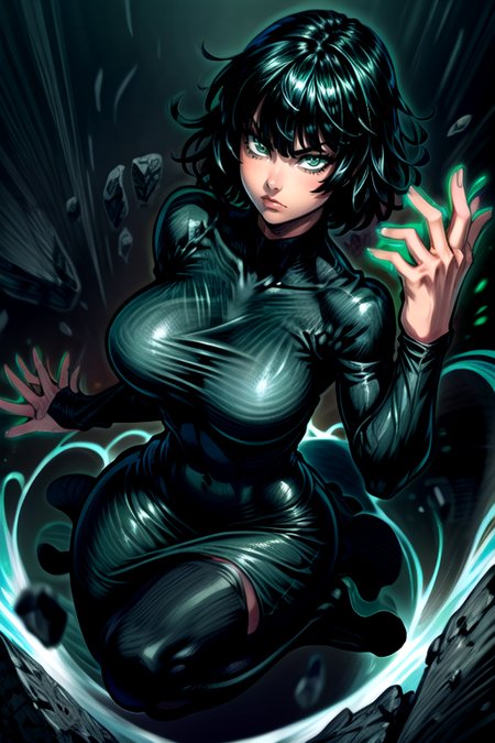 best quality, masterpiece <lora:Fubuki2:1> <lora:more_details:1> fubuki2, 1girl, solo, breasts, looking at viewer, short hair, bangs, large breasts, black hair, thighhighs, long sleeves, dress, closed mouth, green eyes, thighs, black thighhighs, grey background, black dress, covered navel, glowing, floating, impossible clothes, rock, collared dress, taut clothes, impossible dress, taut dress, telekinesis, levitation