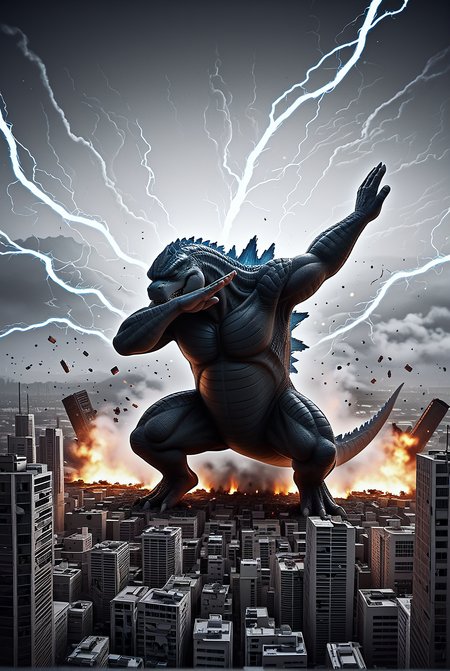 score_9, Godzilla,

Outstretched arm, squatting, covered face, closed eyes, electricity racing along back, destroyed buildings, ruined city, fire, smoke, destruction, 
