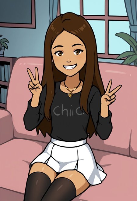 score_9, score_8_up, score_7_up, score_6_up, score_5_up, 
SBJade, 1girl, brown hair, long hair, dark-skinned female, smirk
BREAK, living room, couch, tv, window, detailed background,
Smile, looking at viewer, sitting, legs crossed, teeth, thighs, V, victory pose
black long sleeve shirt, white skirt, necklace, black thigh highs