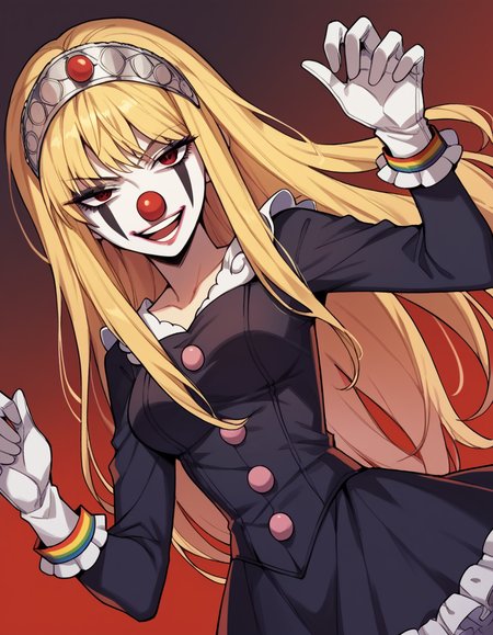 score_9, score_8_up, score_7_up, source_anime, <lora:kaibutsuoujo-liliane-s1-ponyxl-lora-nochekaiser:1>, liliane, long hair, blonde hair, red eyes, very long hair, tiara, medium breasts,, <lora:clown-ponyxl-lora-nochekaiser:1>, clown, makeup, clown nose, facepaint, gloves, long sleeves, frills, dress,, smile, open mouth, smug, , dutch angle, cowboy shot
