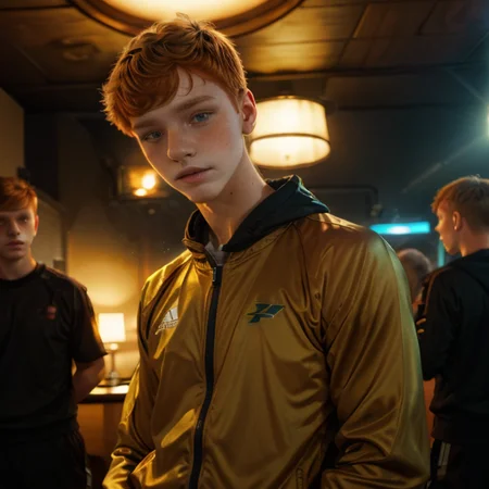<lora:dg_Finn:1> dg_Finn-wearing-a-tracksuit-dancing-at-a-nightclub by-RaveSceneNineties <lora:RaveSceneNineties-000007:0.9> (high-detailed-skin:1.2) film-grain film-grain high-quality warm-colors colorful <lora:add_detail_v5:0.8> <lora:FujiVelvia50:0.35> <lora:color_temperature_slider_v1:1> OverallDetail <lora:Volumetric Lighting_20230531200634:0.2> volumetric-lighting backlight rim-light <lora:epi_noiseoffset2:0.25>