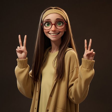 score_9, score_8_up, score_7_up, score_6_up, score_5_up, score_4_up, rating_questionable, 1girl, Hon_Lem, Glasses, smiling, skinny, tall, small saggy breasts, skinny, Peace signs, slouching, long hair, green eyes