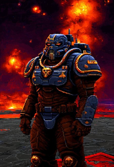 w1ngc0mmander, pixel art,
A formidable space marine commander in high-tech armor stands on a futuristic battlefield with distant explosions and alien structures. Heavy weaponry, metallic landscape, dark smoke, neon lights, extreme close-up, portrait, cyberpunk atmosphere.