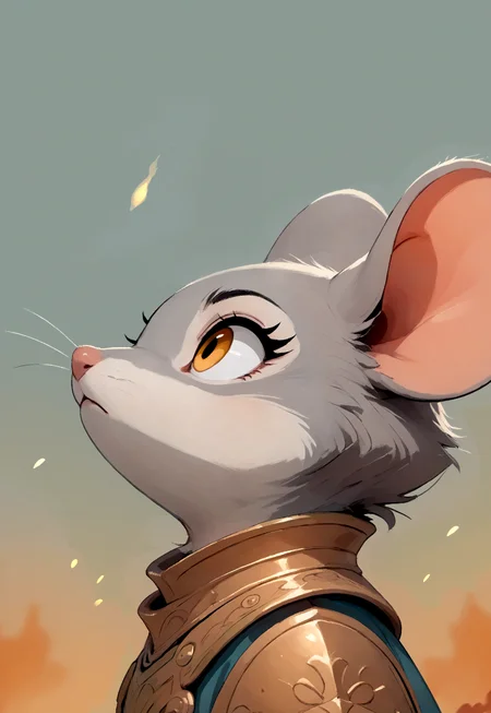 score_9, score_8_up, score_7_up, score_6_up, score_5_up, score_4_up, m0use_goldie, female, (cute), grey fur, golden eyes, bronze armor, beige tunic, determined expression, (looking up:1.3), (side view:1.3), upper body shot, (fire:1.4, firey background, embers, detail background:1.3),