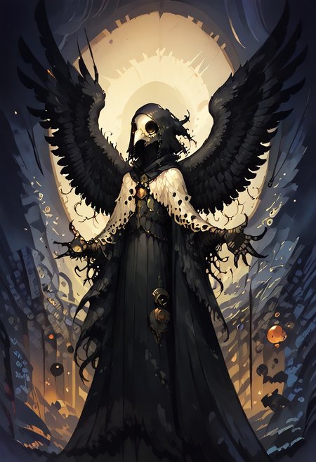 score_9, score_8_up, score_7_up, BREAK, 
1boy, solo, Highly detailed, br0m, d4rkpurp, plague doctor, mask, w1ngs, angel wings, black wings, floating black feathers, backlit by the moon, face focus, (reaching out), atmospheric, dark, ddpapa, concept paint, abstract art,