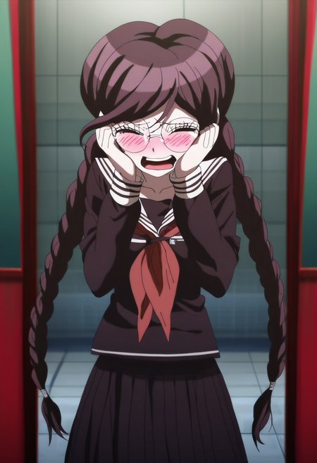 (((solo))), masterpiece, best quality, very aesthetic,  modern, modern anime,  newest, absurdres, highres, full body shot , embarrassed expression  , (((solo))),danganronpa_(series),<lora:Toko_Fukawa_Illustrious:1>,  This anime screencap is from Danganronpa the Animation. Toko Fukawa is crying. She is clutching her face with both hands, and her eyes are closed tightly. She has a worried expression on her face, and her tears are streaming down her cheeks. The scene takes place in Hope's Peak. The background is a bright red. There is a black vertical line in the background. The scene is lit with a bright light, and the overall atmosphere is one of sadness and despair.  The background appears to be made up of square tiles.  The lighting appears to be in the shade of a bright red.  Toko Fukawa wearing her uniform from Danganronpa 1. She has long dark purple hair in two braids, gray eyes and large round glasses. Her large, dark grey glasses are slightly crooked at an angle. Her uniform is a dark purple Japanese school uniform. The uniform has long sleeves, a collared shirt with a red ribbon and a long skirt with the school crest on the upper left sleeve.  A red ribbon is tied around the collar of her shirt.
