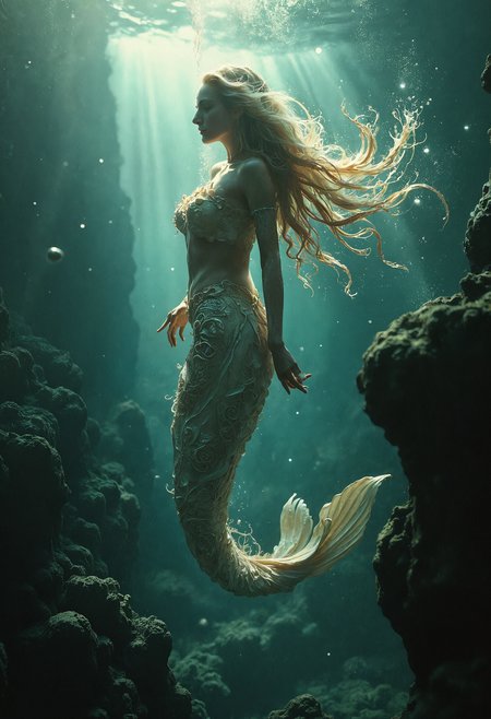 ultra detailed gorgeous mermaid, long hair floating in the water, iridiscent mermaid tail, underwater, extremely detailed and beautiful face, gracefully posing, water particles surrounding her, bottom of the sea background, ethereal glow, mystic, glowy water floating around, light particles, whimsical,