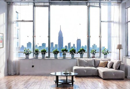 ((((front view)))), Shallow scene, ((animation style)), (((City high-rise building scenery))), ((((City scenery outside the window)))), (Facing the window), (open window), modern-style interior, Wooden floor, with white walls, (large windows), a living room, sofa and coffee table by the window sill, Sofa placed horizontally, noon, clear sky, low saturation