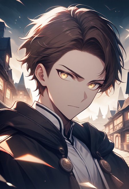 (best quality, masterpiece), 1 boy,18 years old, medieval village, dark mood, Arrogant,
brown hair, short hair, no bangs,  white color student uniform, half body,
 , looking at viewer, Unobtrusive golden eyes, Dull golden eyes,