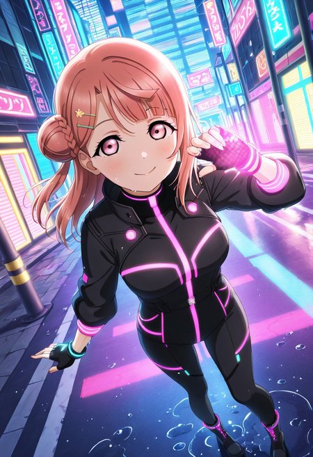 masterpiece, best quality, 
 1girl, ayumu_uehara, black_jacket, bodysuit, boots, circuit_pattern, cyberpunk, dark_city, electronic_accessory, fingerless_gloves, glowing_lights, glowing_pink, hairclip, highres, hologram, long_hair, looking_at_viewer, love_live!_nijigasaki_high_school_idol_club, love_live!_school_idol_festival_all_stars, neon, neon_lights, official_art, pink_eyes, pink_hair, purple_jacket, smile, solo, standing, street, visor, wet_ground