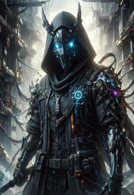 (((Ultra-detailed, Hyper-realistic, 8k, highres, masterpiece))),(full length highly detailed intricate cyborg demonic-skeletal) (tattered cloak),((highly detailed tech body,decaying parts, Intricate exposed wiring, exposed wires,exposed circuitry,electric glow)),((highly detailed cyber-skeletal tech-mask,signs of decay,exposed wiring, exposed wires,exposed circuitry,electric glowing eyes)),in a highly detailed Labratory background with Test tubes,holographic screens,covered in pulsing electricity,cyber setting,cinematic,realistic,science fiction,dark colours,background light,e,<lora:XL_Weapon_Sword_-_By_HailoKnight_2:0.8>,Wielding sword,<lora:add-detail-xl:1>,<lora:ArmorSuit_v01:0.8>, armorsuit,