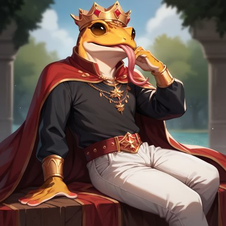 (((detailed, beautiful, high quality))), score_9, score_8_up, score_7_up, solo, 
grungrace, anthro frog,
1 boy, male focus, golden skin, red mantle, royal mantle, golden crown, long tongue, black shirt, white pants,
looking at the viewer, posing, 
blurred background, fantasy background,