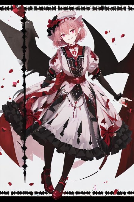 embroidery, jewelery, gown, frills, gloves/elbow gloves, high heels/shoes, pantyhose/thighhighs, remilia_scarlet_(koumajou_densetsu), solo, 1girl, smile, short_hair, shirt, red_eyes, bow, blush, hat, ribbon, dress, hair_ornament, frills, blue_hair, jewelry, puffy_sleeves, short_sleeves, red_bow, wings, mob_cap, nail_polish, pink_eyes, flower, ascot, pantyhose, sidelocks, detached_sleeves, hat_ribbon, shoes, pointy_ears, grin, wrist_cuffs, bat_wings, sword, fingernails, white_headwear, black_pantyhose, high_heels, hat_bow, collar, fang, sash, black_gloves, choker, petals, white_dress, fingerless_gloves, polearm, lips, hair_flower, expressionless, frilled_sleeves, hat_flower, brooch, pink_dress, red_sash, armband, sharp_fingernails, frilled_dress, collared_dress, coat, wing_collar, red_footwear, spear_the_gungnir, long_fingernails, light_purple_hair, eyelashes, bridal_gauntlets, cross, clenched_teeth