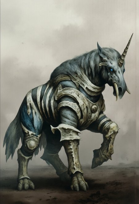 aidmaMJ6.1, Made out of paper, a PaperStyle , d4artstyle, d4concept, , d00mstyle, made of clay, ZBClay model of a gray sculpture AmanoER 
a MikeFranchinastyle 
a fantastical hybrid creature inspired by elements of a woolly mammoth, zebra-unicorn, and giant bird mount. The creature should have the bulk and shaggy fur texture of a mammoth, with dense tufts of fur cascading down its shoulders and legs. Its face merges the tusked, powerful features of a mammoth with a zebra-like pattern along its body, integrating a single unicorn horn protruding from its forehead, adding a mythical touch. The creature's lower body should incorporate large, powerful bird-like legs with thick, scaled talons, giving it both stability and an avian grace. The mane runs along its spine and neck, blending into the coarse fur. Use a mix of earthy tones—gray, white, and black for the fur and stripes—with a metallic sheen on the armor around the head, if applicable. Focus on the textures: shaggy fur, striped pattern, rough, scaly bird feet, and intricate horn detail. Emphasize its unique blend of strength, agility, and mythical elegance.
Background solid color with a faded dimly lit, fog-covered darkness tone that emphasizes its silhouette. The medium is not a traditional painting or illustrative medium like watercolor or ink but rather a digital rendering, eerie and unsettling.