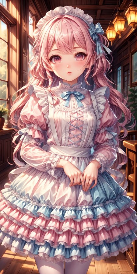 Light Pink, Blue, and White Lace-Trimmed Ribboned Dress