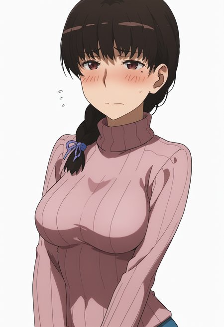 score_9, score_8_up, score_7_up, source_anime, BREAK white background, 1girl, solo, cowboy shot,  <lora:DX888Komachi:1> takamiya komachi, brown hair, braid,  embarrassed, blush, cropped sweater