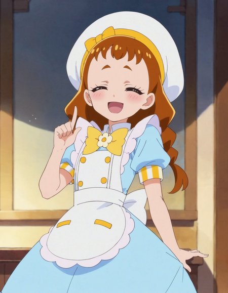 score_9, score_8_up, score_7_up, anime screencap, solo,1girl,arisugawahimari,  hat,white apron, white headwear, skirt, bow,blue dress, puffy short sleeves,closed eyes,  open mouth, smile, ^_^, index finger raised, :d,looking at viewer, cowboy shot,small breasts, blush,<lora:arisugawahimari:0.8>