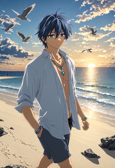 Anime Style, easynegative, detailed_eye_model, Highres, Masterpiece, High Quality, 4K, 8K, solo, 1boy, Tomoya Okazaki, Deep Blue Eyes, Grey Blue Hair, sand beach, rocks, clear sky, moving clouds, sunset, warm atmosphere, cool breeze, athletic, open shirt, necklace, ring, earrings, bracelet, anklet, happy, eyes wide open, walking, birds sea