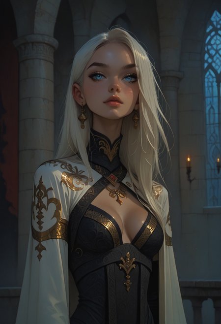 FFAnime Style, Score_9, Score_8, Score_7, 1girl, white hair, light blue eyes, portrait, ceremonial robe, white outfit with gold designs, castle interior  ,cleavage