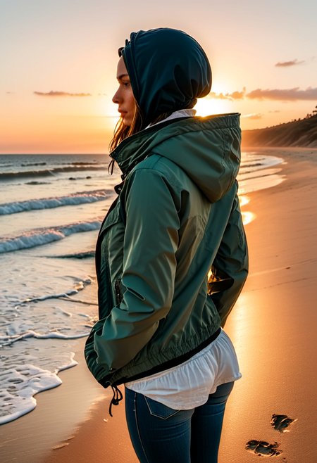 <lora:Evie_Frye_xl-000009:1> a woman standing on a beach near the ocean at sunset with a jacket on and a jacket on her head and a jacket on her shoulders