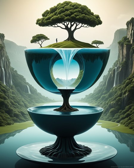 Surrealist art <lora:CivitAI__Style_Fusion_-_FFusionAI_Entry_64DIM:0.75> FFusionAI Style, CivitAI,a bowl with a tree in it and a waterfall, surreal 3 d render, surreal concept art, symmetrical fantasy landscape, water art manipulation, surreal illustration, surreal water art, surreal design, surreal digital art, rendered art, mindbending digital art, surrealistic digital artwork, surreal  highly detailed, a beautiful artwork illustration, digital art render . Dreamlike, mysterious, provocative, symbolic, intricate, detailed