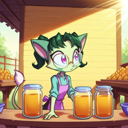 Dreamkeepers,1girl,prelude_lilith,solo,furry,tail,green hair, source_furry,glasses,magenta eyes,
child, kid, 1boy, 
girl hands a jar of honey to a customer at a market stall. Bees buzz around a display of honeycombs, and sunlight glints off glass jars, farmer's_market, honey, jar, bee, honeycomb, stall, apron, sunlight, customer, wooden_table, summer, outdoors, exchange,
