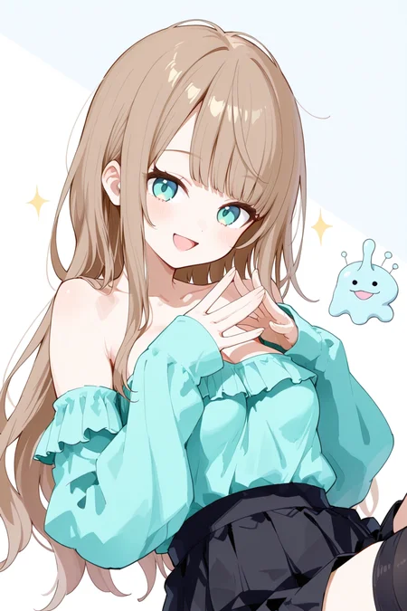 highres,absurdres,incredibly absurdres,huge filesize,cowboy shot,
1girl,portrait,brown long hair,aqua eyes,blunt bangs,small breast,off shoulder aqua shirt,black skirt,black thighhighs,detached sleeves,sleeves past wrists,open mouth,smile,fingers,f,<lora:Dittogirl:0.9>,dittogirl,<lora:hand 5.5:1>,<lora:DetailedEyes_V3:1>,<lora:748cmSDXL:0.8>,solo,swept bangs,disheveled hair,large breasts,cupping the breasts with both hands,