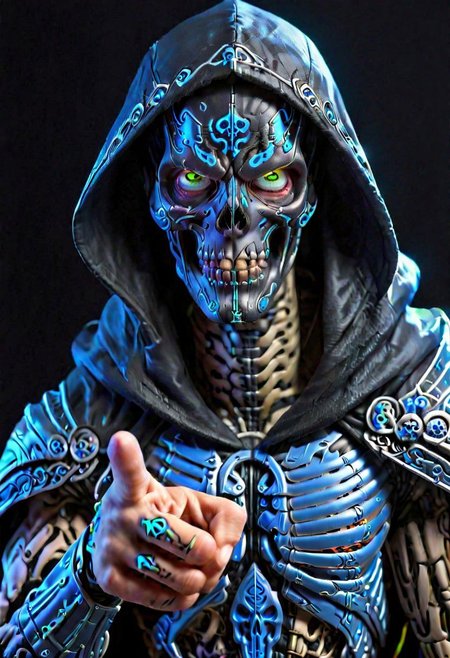 close up, Cyborg Assasin, Hooded cape, (Pointing Finger At Viewer), PENeonUV, blacklight, neon