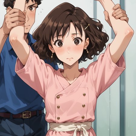 score_9, score_8_up, score_7_up, best quality, masterpiece, source_anime, zPDXL2, BREAK  <lora:arms_up:1>blush, 1girl, 1boy, arms up, arm grab, standing,   m1s4e,1girl,solo,looking at viewer, portrait, looking at viewer, ,<lora:m1s4e:0.7> <lora:hiroshi.pony:0.8> 1man, hiroshi,