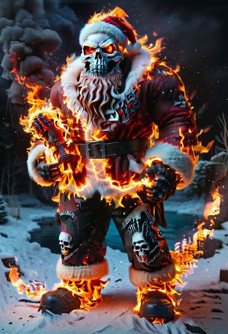 ral-santa, fire santa,skull head,skull on fire, santa claus is on fire, fiery and dynamic <lora:ral-santa-sdxl:1>,Holding a flaming chain,full body, solo,standing,