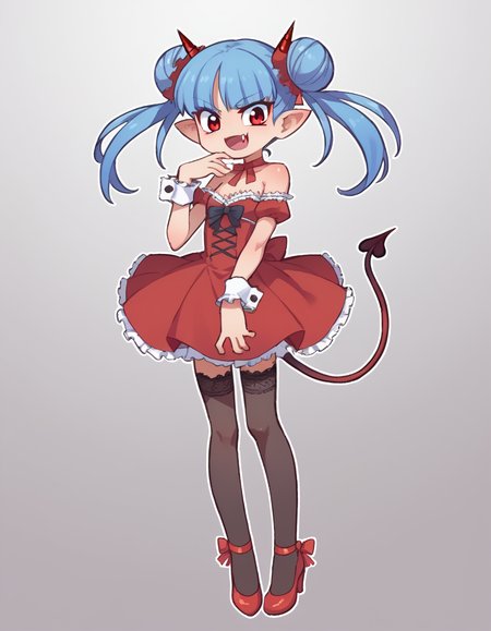 zPDXL, score_9, score_8_up, score_7_up, source_anime, 1girl, solo,
<lora:Orenji_v2:0.8> orenji, <lora:Nullantwins:0.8> Zhuu, blue hair, red eyes, pointy ears, fangs, large fangs, red horns, demon tail, small breasts, (double bun, twintails),, relaxed, waist_hug, gothiclolita wearing Elegantly dark gothiclolita outfit, red off-shoulder dress with lace trim, lace stockings, velvet heels, lace wrist cuffs with ribbon ties
