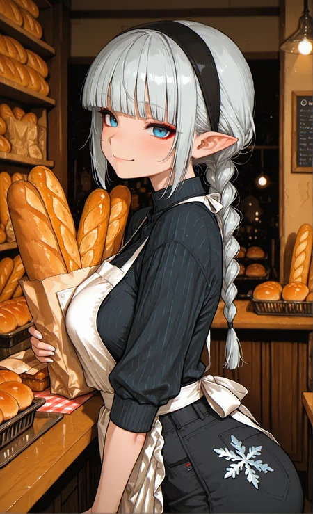 masterpiece, sharp detail, intricate detail, 1girl, pointy ears, blue eyes, short hair, silver hair, black hairband, medium breasts, blunt bangs, white nails, red eyeliner, <lora:aosiai123_style:0.8> traditional media,  aosiai123_illu, single braid, long braid, smile, indoors, bakery, white apron, pants, shirt, working in shop, baguette, bread slice, table, snowflake print,  chiaroscuro, volumetric lighting, dappled light, dramatic shadows, cinematic lighting, detailed background,  <lora:NOOB_vp1_detailer_by_volnovik_v1:0.7> <lora:illustriousXL_stabilizer_v1.23:0.8>,