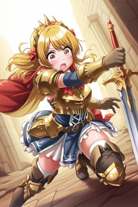 masterpiece, best quality, amazing quality,
 <lora:RinkuV2_IL:1> rinku, 1girl, weapon, sword, blonde hair, armor, red eyes, solo, open mouth, holding, gloves, cape, holding weapon, tiara, holding sword, thighhighs, boots