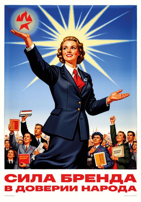 Soviet-style propaganda poster. The central figure is a confident curly-haired blonde woman, dressed in a sharp, tailored suit that radiates professionalism and authority. She stands tall with an inspiring expression, holding a shining emblem in her outstretched hand, symbolizing the strength and reliability of the brand. The backdrop is a gradient of radiant blue tones with stylized rays extending outward, emphasizing her as the beacon of trust and progress. Below her, a diverse crowd of people looks up with expressions of admiration and hope, holding tools, books, and products, representing the nation's trust in the brand. A bold constructivist slogan reads: "The Strength of a Brand Lies in People's Trust!"