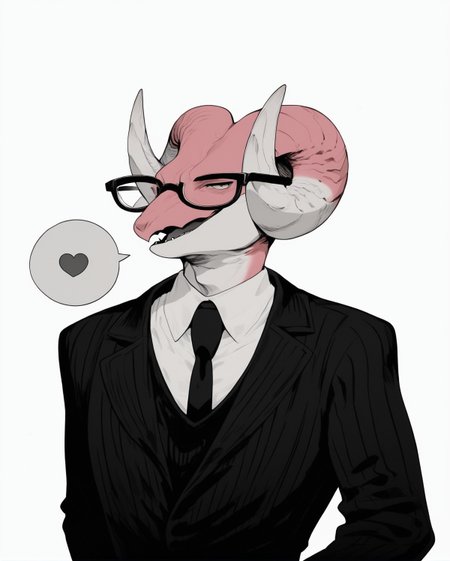 core_9, score_8_up, score_7_up, score_6_up, score_5_up, score_4_up,
(Masterpiece), (Best Quality), (Hi Res),
source_furry,
<1boy:1.5>,
<solo:1.5>,
<pink skin:1.5>,
<pink body:1.5>,
vincent_falnail, falchan, greyscale, monochrome, 1boy, blank speech bubble, male focus, solo, glasses, speech bubble, horns, furry male, furry, open mouth, teeth, simple background, white background,form,suit,tie,
<simple background:1.5>,
<white  background:1.5>,
<lora:Vincent_Falnail:1> vincent_falnail <lora:90s4n1m3XLP:1> 90s4n1m3, smug,
smugness,
half closed eyes,
closed mouth,
sarcastic,
