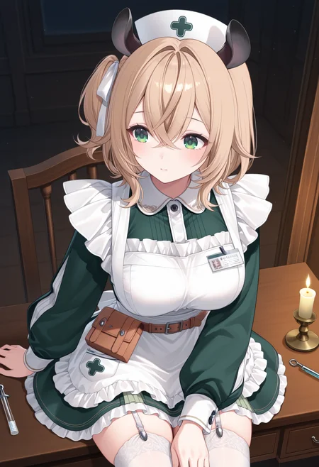 general, masterpiece, best quality, 1girl, solo, BREAK
(dimly lit medical office, antique furniture, scattered medical tools), (sitting at a desk, flipping through an old patient file, soft candlelight glow), (mid-range shot, slightly high angle, cinematic framing), (thoughtful gaze, quiet intrigue, eerie professionalism),
BREAK
 <lora:Nimi Nightmare:1> blonde hair, tapir ears, green eyes, large breasts,
niminurse, frills, collared dress, green dress, puffy long sleeves, white apron, pocket, belt, belt pouch, white thighhighs, garter straps, nurse cap, white headwear, hair ribbon, white ribbon, name tag, 
medium hair, crossed bangs, side ponytail,