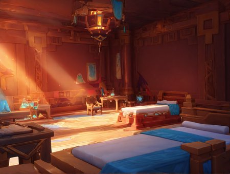 no humans, genshin impact, General, ririko \(fhnngririko\), dynamic angle, natlan, hotel, fantasy, scenery, chair, lamp, table, indoors, lantern, sunlight, bed, scroll, light rays, pillow, book, shelf, vase, masterpiece, best quality, absurdres, highres